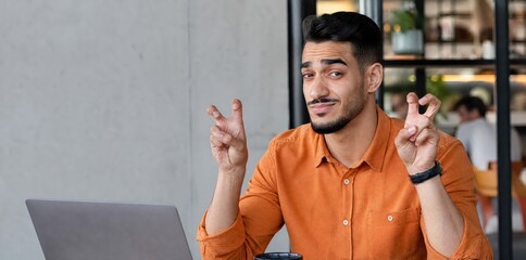 Obraz premium Generative AI, skeptical businessman making quote sign with fingers