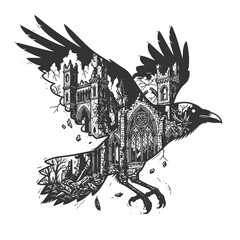 Naklejka premium crow silhouette with ruined gothic castle inside, symbolizing mystery, dark fantasy, horror, and medieval atmosphere sketch engraving generative ai raster illustration. Scratch board. Black and white