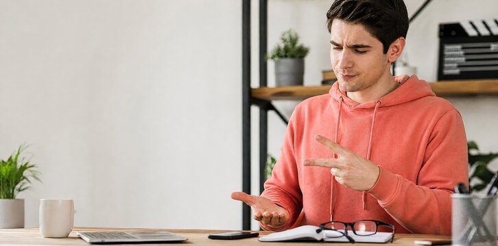 Generative AI, confused man counting on fingers at office table