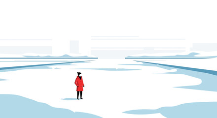 Lone explorer in red coat stands on vast icy landscape, looking towards horizon © Andry