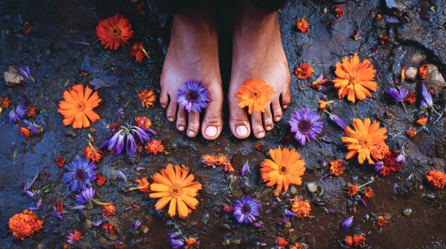 Bare feet grounding with colorful flowers in mud