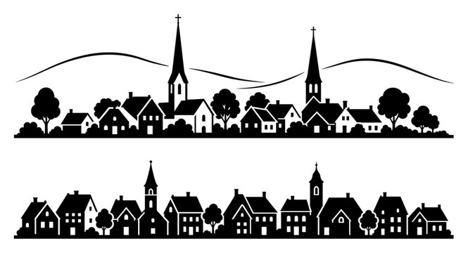 Old town skyline silhouette with church spire and roof chimney
