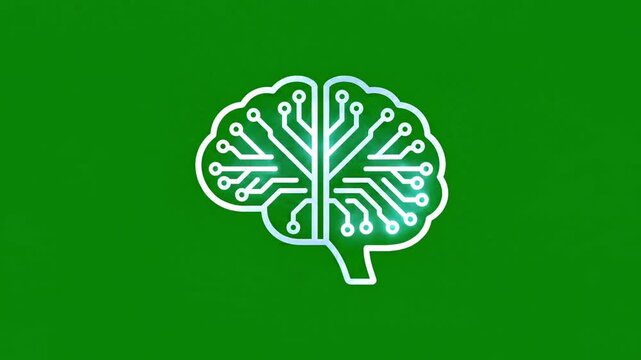 Futuristic glowing digital circuit board brain pulsing with electric pulses on a green screen background