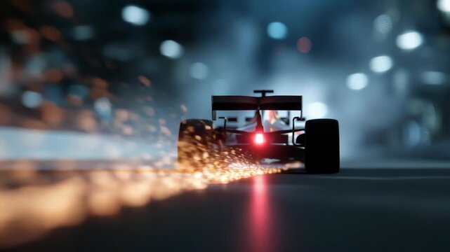 Dynamic race car speeding on track with sparks and headlights in motion