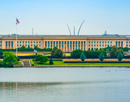 Pentagon building exterior in Arlington. Pentagon military headquarters in Washington DC. Pentagon government architecture with security. Pentagon federal building in United States.