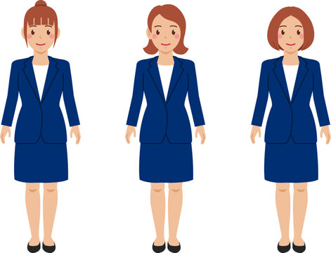 [全身] 腕を下ろすカットソーにネイビースカートスーツの若い女性