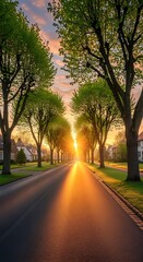 Obraz premium Sunlit Tree Lined Road Glowing at Sunset in Quiet Residential Neighborhood