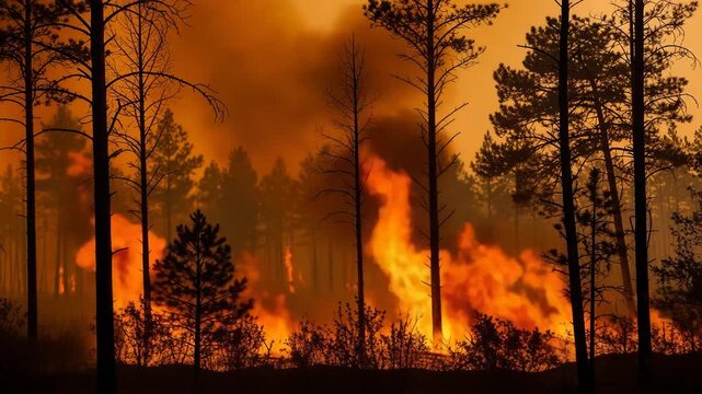 Forest fire raging with intense flames and smoke under an orange sky