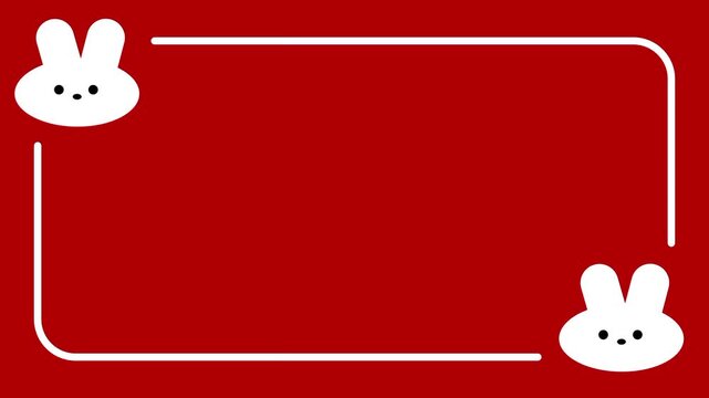 A kawaii white bunny character with a rectangular frame or banner on a bold red background suggesting a label or text box design concept
