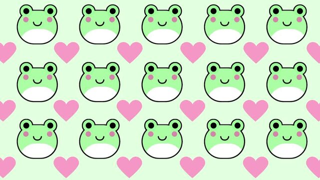 A seamless repeat pattern featuring cute kawaii green frog faces with small pink hearts on a soft white background in cartoon style
