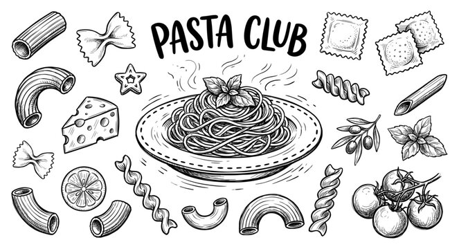Italian pasta club sketch set with spaghetti tomato and cheese