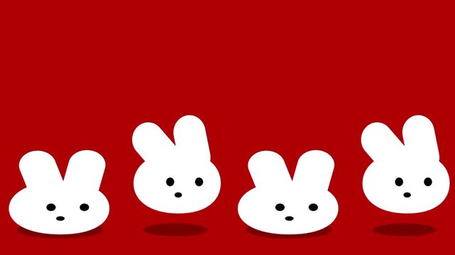 A row of four cute kawaii white bunny characters lined up on a bold red background in a sweet cheerful cartoon illustration style