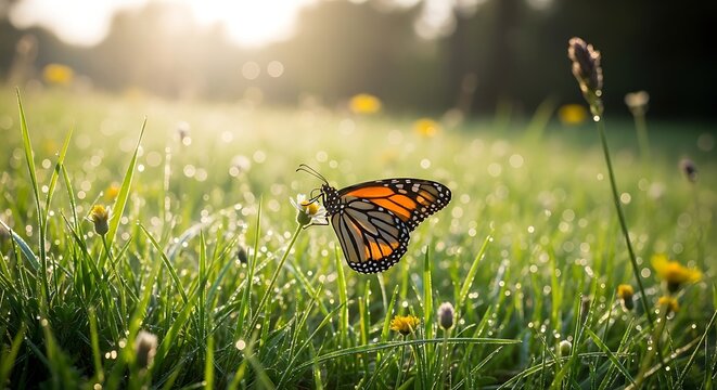 Orange Monarch Butterfly Resting on Wildflower in Dewy Sunlit Meadow