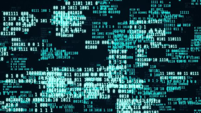 Abstract digital background with blue binary code numbers flowing on dark screen