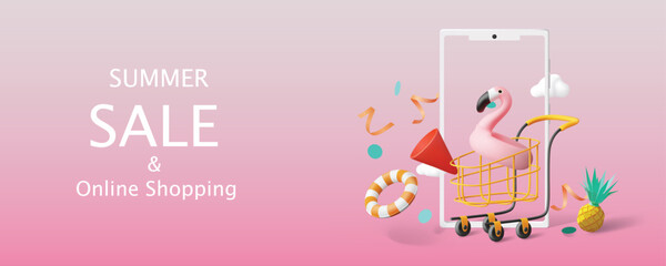 Obraz premium Summer sale online shopping banner with smartphone shopping cart and pink flamingo float vector illustration