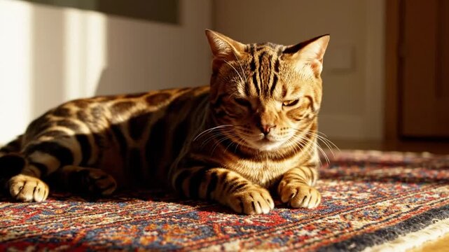 Luxurious Bengal cat resting on a patterned rug in warm sunlight, indoor pet portrait