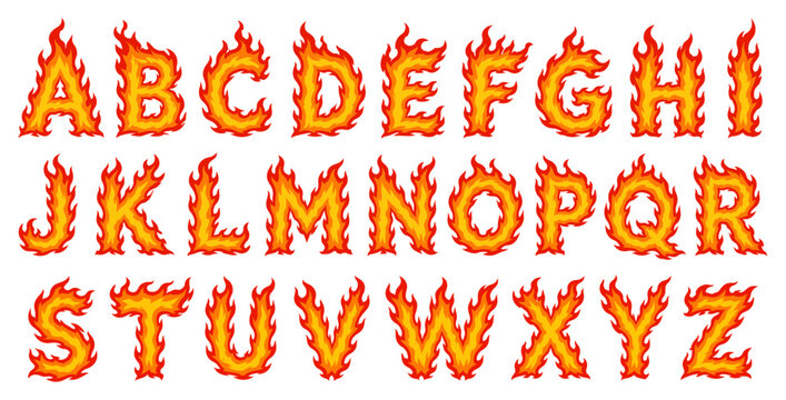 Fire alphabet font set with burning flame letter