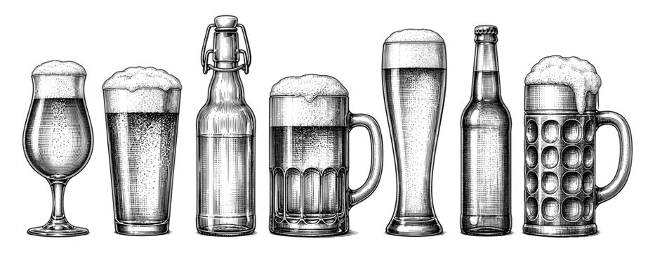 Beer glass and bottle sketch set with mug and foam pint