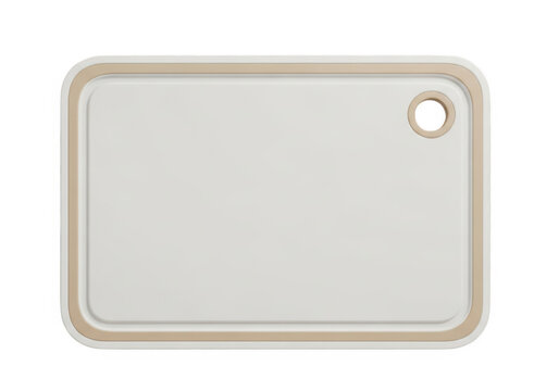 A beige cutting board with a hole in the corner