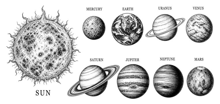 Solar system sun and planet sphere celestial astronomy sketch set