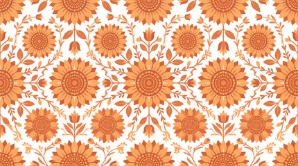 Vibrant repeating sunflower pattern in warm orange tones with decorative floral elements. © bohey