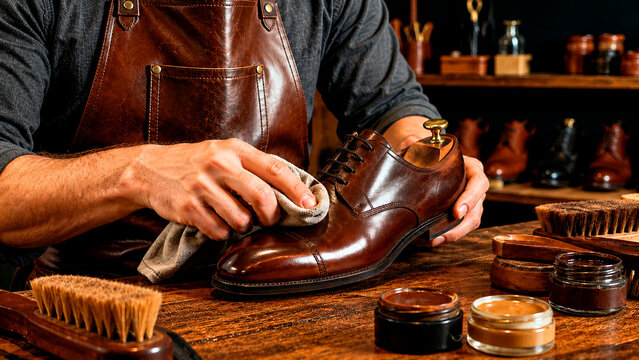 Craftsman in leather apron polishing a brown leather shoe. Cobbler cleaning footwear with cloth and wax on wooden workbench in traditional workshop