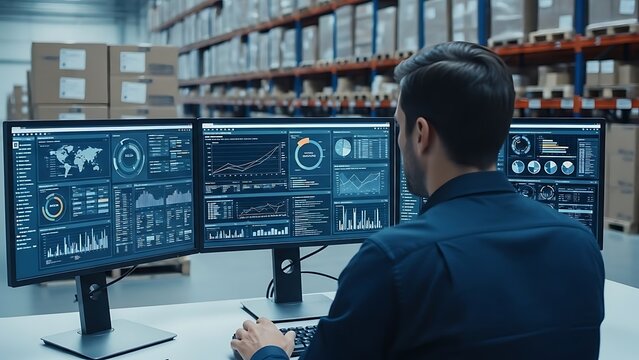 A person analyzes data on multiple monitors in a warehouse setting. Data visualizations are displayed
