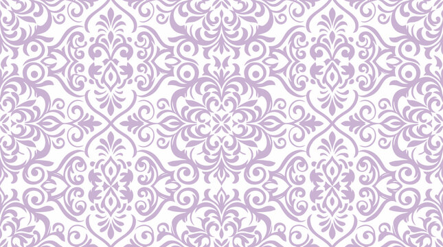 Ornate purple damask pattern with floral motifs for elegant background design.