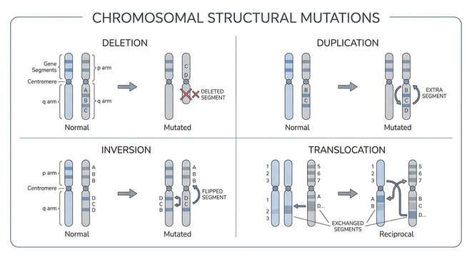 Educational infographic diagram of chromosomal structural mutations including deletion, duplication, inversion, and translocation