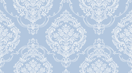 Blue Damask Seamless Wallpaper Pattern with Ornamental Motifs for Classic Interior Decor. © bohey