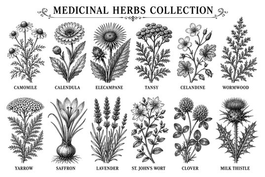 Medicinal herb set with camomile calendula elecampane tansy celandine