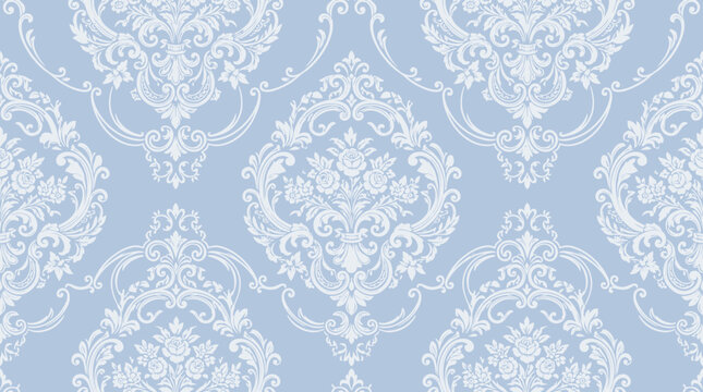Blue Damask Seamless Wallpaper Pattern with Ornamental Motifs for Classic Interior Decor.