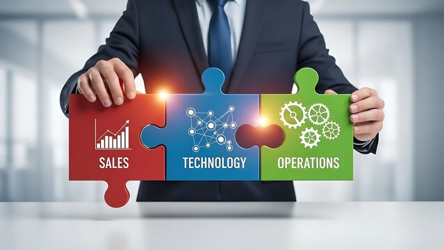 A person in a suit holds puzzle pieces representing sales, technology, and operations