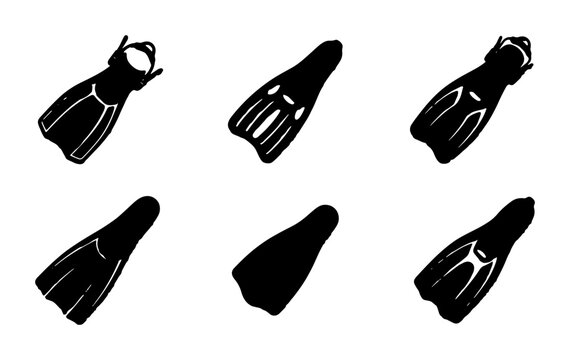 Six Black Silhouette Scuba Diving Fins, Snorkeling Gear Icons, Water Sports Equipment Vector Set, Underwater Adventure Accessories