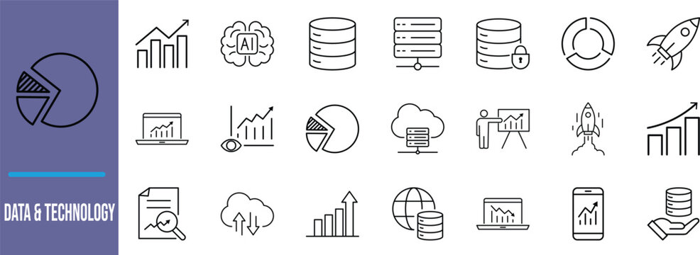 Digital data analysis technology icons. database icon set, chart icon set, cloud icon set