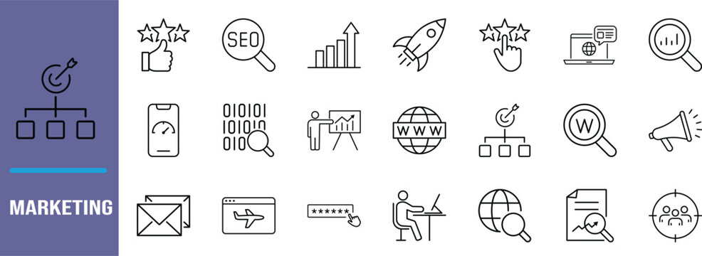 Digital marketing seo vector icons. magnifier icon set, rocket icon set, target icon set