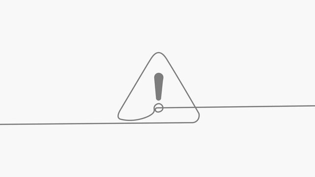 Continuous one-line animation of a danger triangle warning sign on a white background. Minimalist aesthetic.