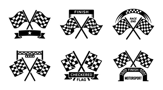Checkered Flag Vector Icons Set, Racing Finish Line Emblems, Motorsport Sport Symbols, Black and White Graphic Elements for Competition and Victory