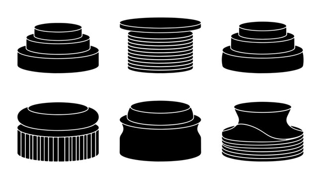 Set of Six Black Vector Icons Representing Different Bottle Caps and Lids, Industrial Design Elements for Packaging and Manufacturing