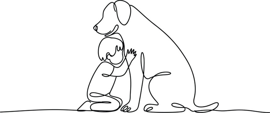 Minimalist continuous line art illustration of a young boy hugging his pet dog with friendship minimalist continuous childhood illustration monoline connection affection togetherness