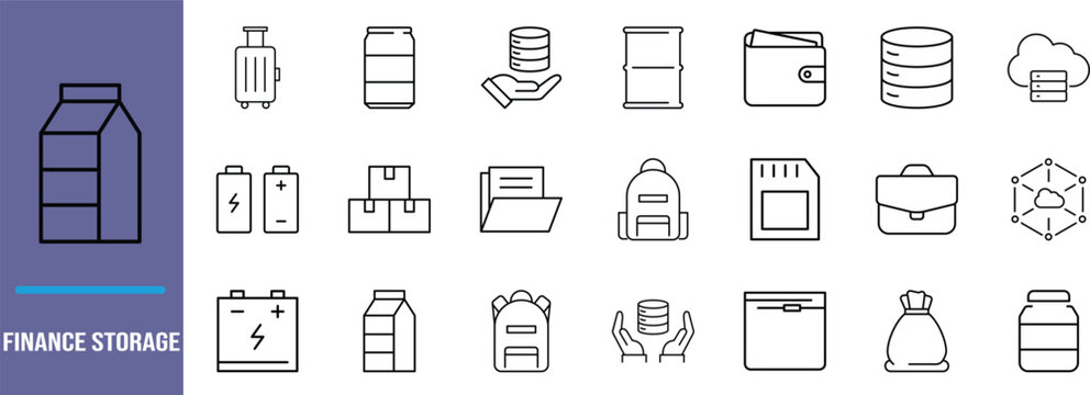 Financial and storage vector icons. wallet icon set, database icon set, coins icon set
