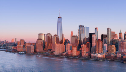 New York skyline with Tower in panoramic dusk view. NYC panoramic landscape at dusk. New York City...