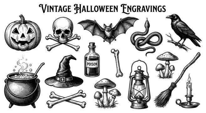 Vintage Halloween sketch set with pumpkin skull bat witch hat raven