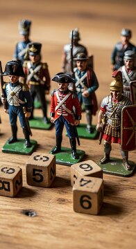 Detailed Toy Soldier Figurines Standing Near Wooden Dice on Rustic Game Table