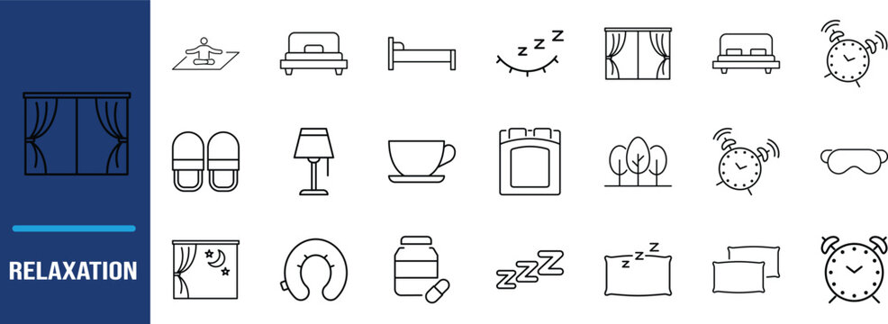 Relaxation and sleep line icons. bed icon set, alarm clock icon set, pillows icon set