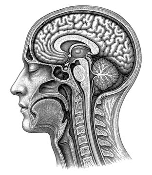 Human head brain anatomy cross section vintage engraving skull profile