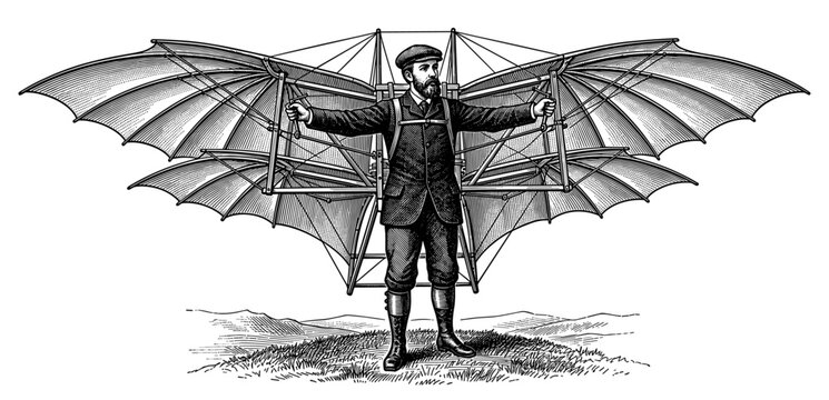 Vintage aviator inventor engraving with retro biplane wing machine