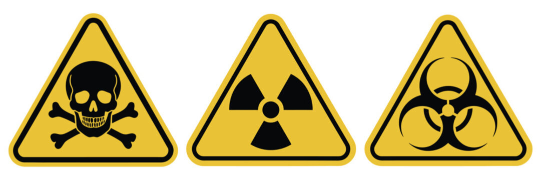 Hazardous Danger Sign Vector Set, Yellow Warning Triangles Featuring Radiation, Biohazard and Toxic Symbols for Industrial Safety and Laboratory Security Labels