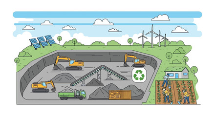 Sustainable Recycling Plant with Excavators, Trucks, Solar Panels, and Wind Turbines © Cah