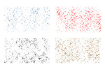 Comprehensive set of four abstract grunge halftone overlay textures. Creative multi color retro comic printing dot pattern backdrop collection for contemporary street art designs. © dirtyfellas